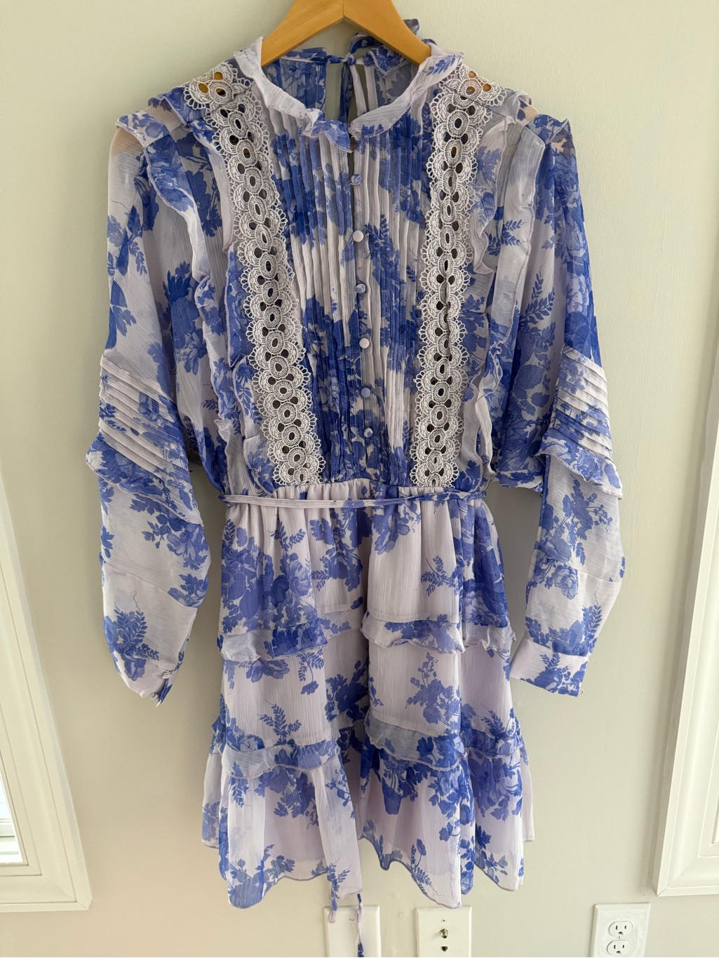 Asos Never Worn Blue Floral Lace-Trim Midi Dress Partially Sheer